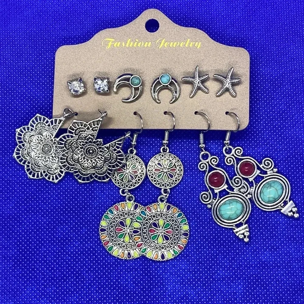 New boho earrings crescent moon starfish geometric 6 pair multipack